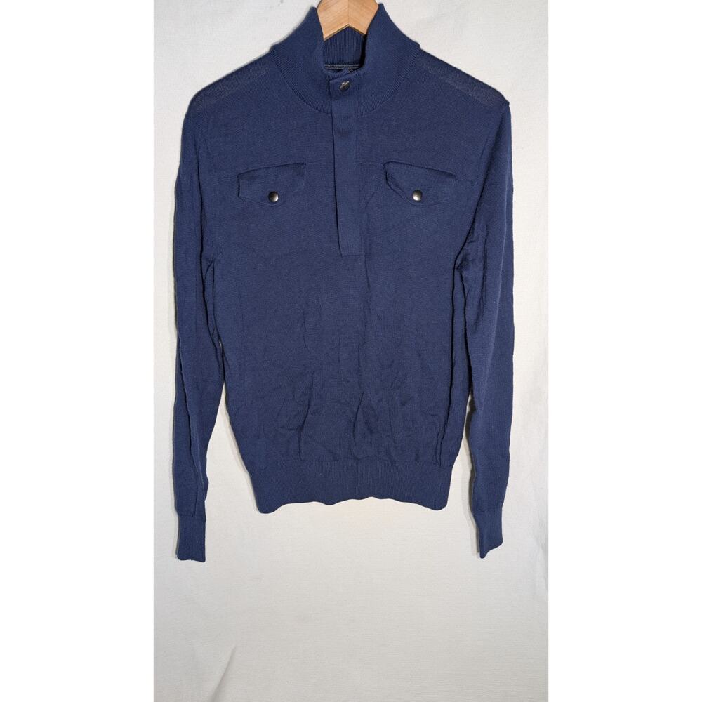 Banana Republic Mens Italian Yarn Quarter Zip Mock Neck Sweater M‎ Navy Pockets
